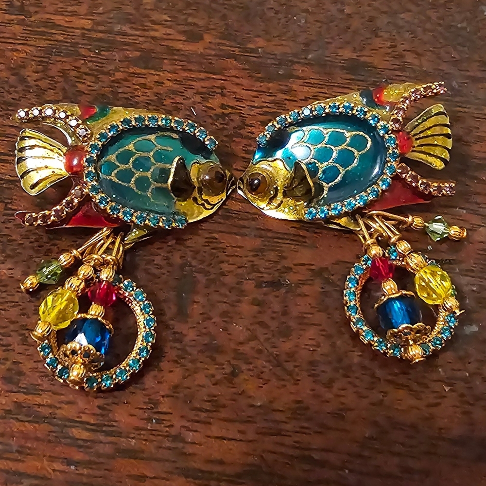 Lunch At The Ritz Enamel Earrings. Angel Fish Earrings. Caribbean. 22k Gold